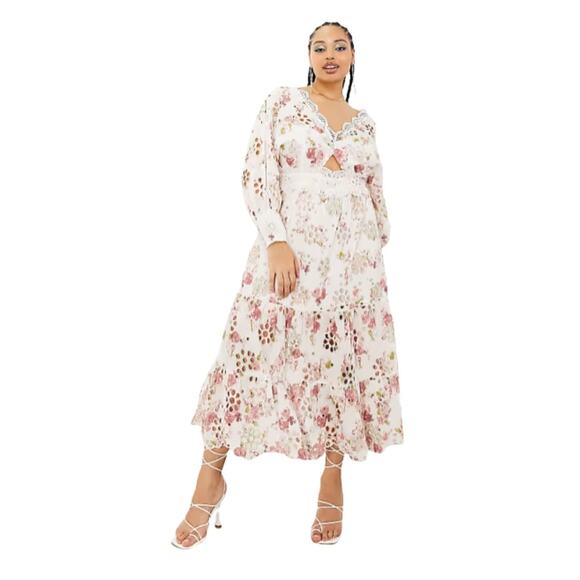 ASOS Curve Dresses & Skirts - ASOS Edition Curve Eyelet Twist Front Puff Sleeve Floral Midi Dress Size 16